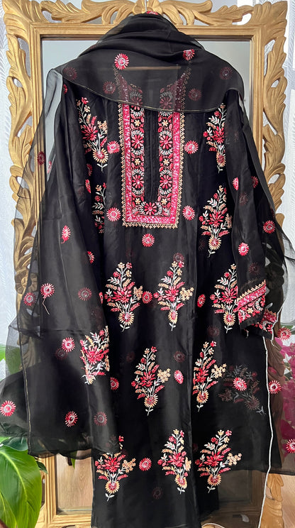 Black Pure Organza Silk Kurta Set with Multi Colour Chikankari and Embellishments