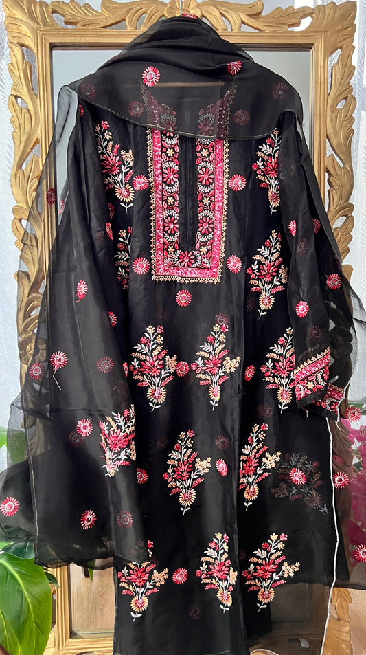 Black Pure Organza Silk Kurta Set with Multi Colour Chikankari and Embellishments