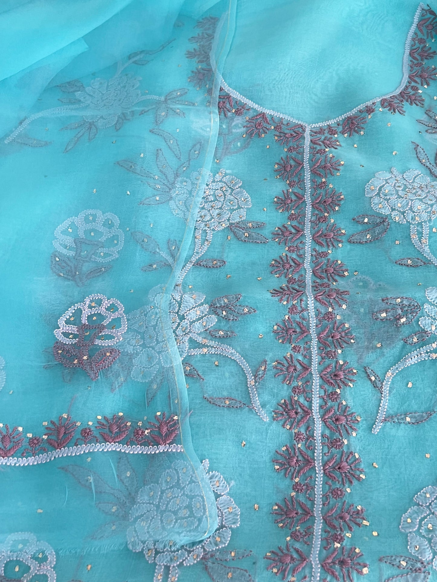 Aqua Pure Organza Silk Chikankari & Kamdani Suit Set