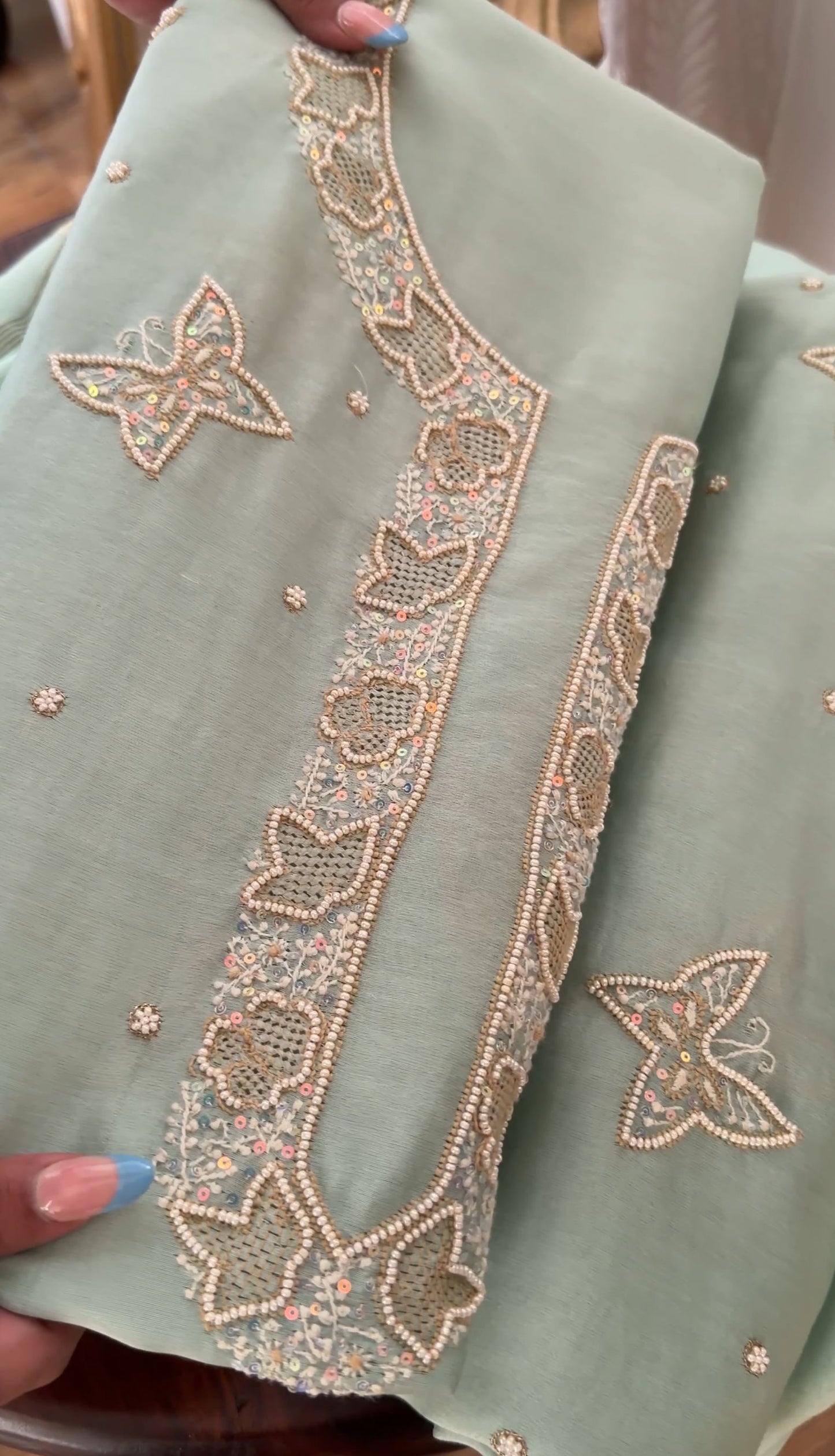 Sage Green Hand-Embroidered Chanderi Silk Chikankari Kurta & Dupatta Set