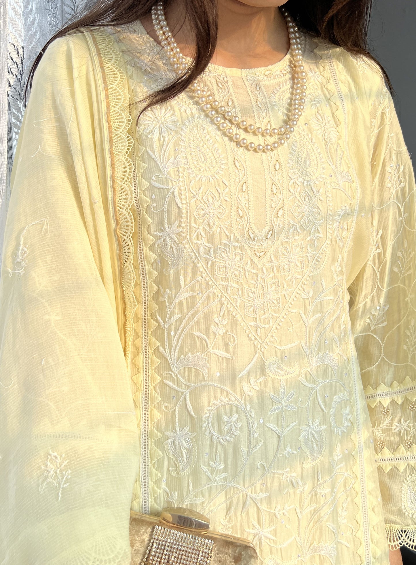 Ivory Chikankari Applique Maheshwari Cotton Embellished Suit