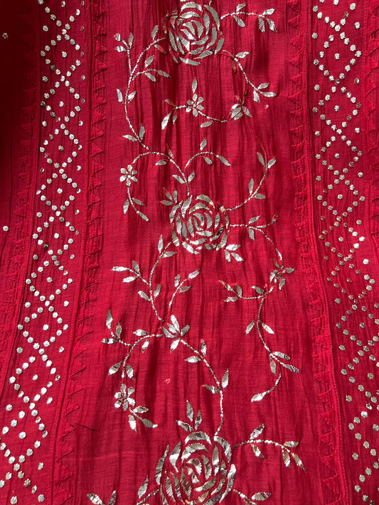 Red Mul Chanderi Suit with Mukaish showcasing intricate embroidery details on rich fabric.