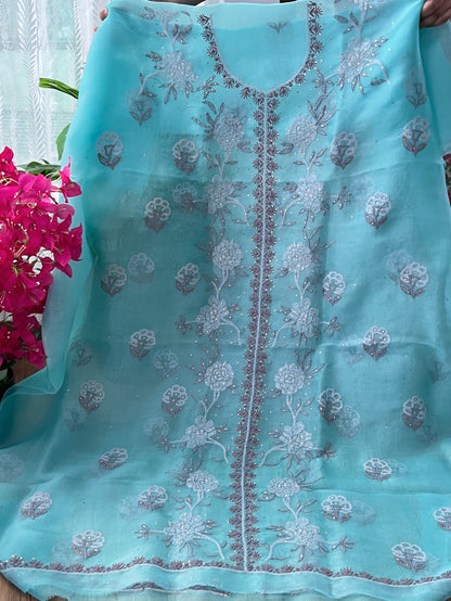 Aqua Pure Organza Silk Chikankari & Kamdani Suit Set