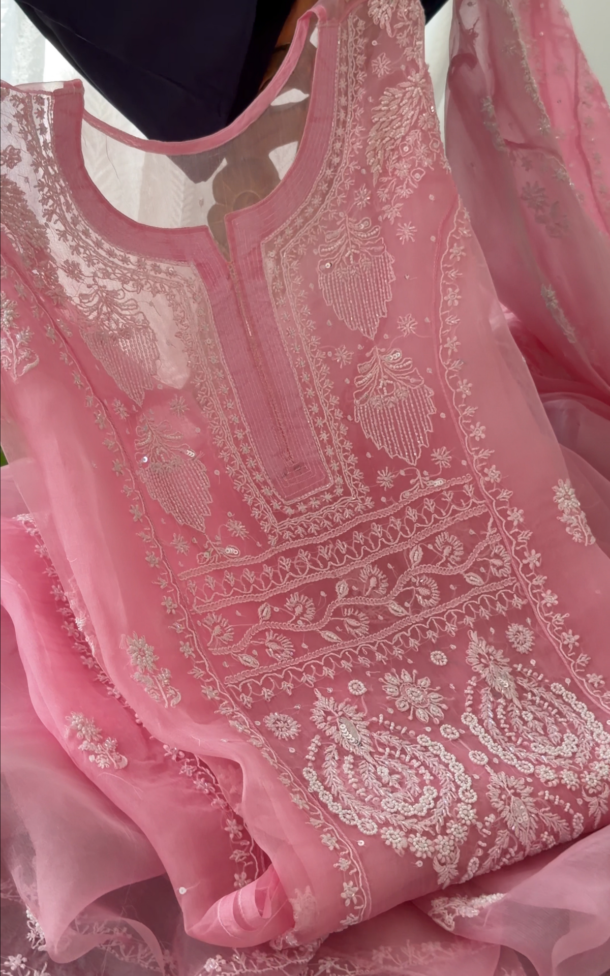 Pink Pure Organza Silk Kurta Set with intricate Chikankari embroidery and embellishments.