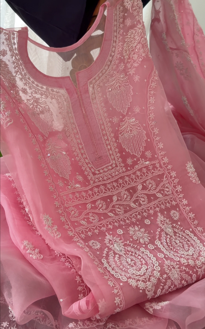 Pink Pure Organza Silk Kurta Set with intricate Chikankari embroidery and embellishments.