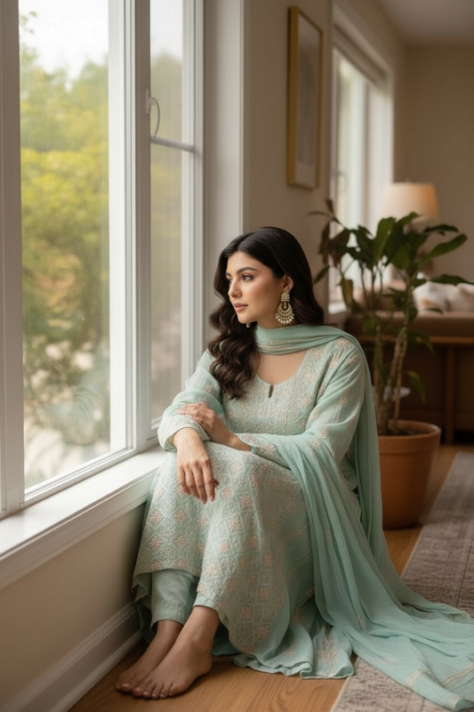 Sea Green Mul Chanderi Anarkali – Hand-Embroidered Chikankari & Haath Jaali Work