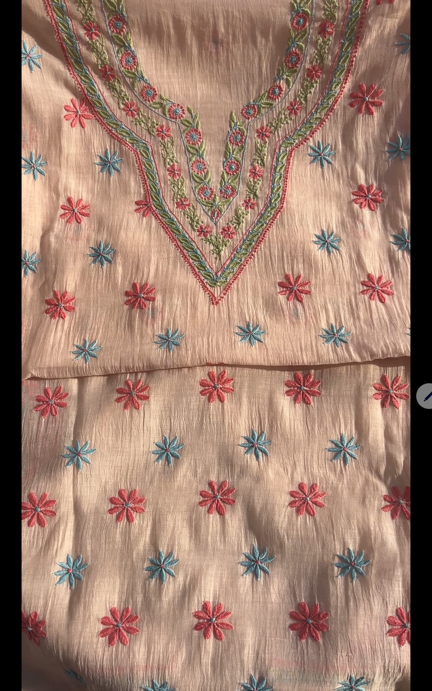Soft Peach Mul Chanderi Suit Set with Multi Colour Chikankari