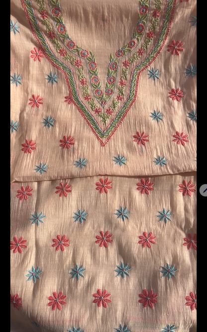 Soft Peach Mul Chanderi Suit Set with Multi Colour Chikankari