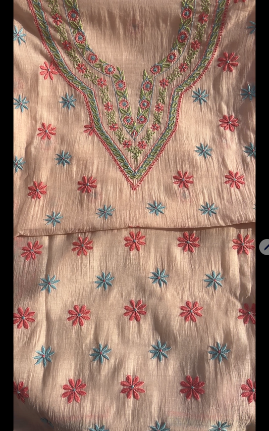 Soft Peach Mul Chanderi Suit Set with Multi Colour Chikankari