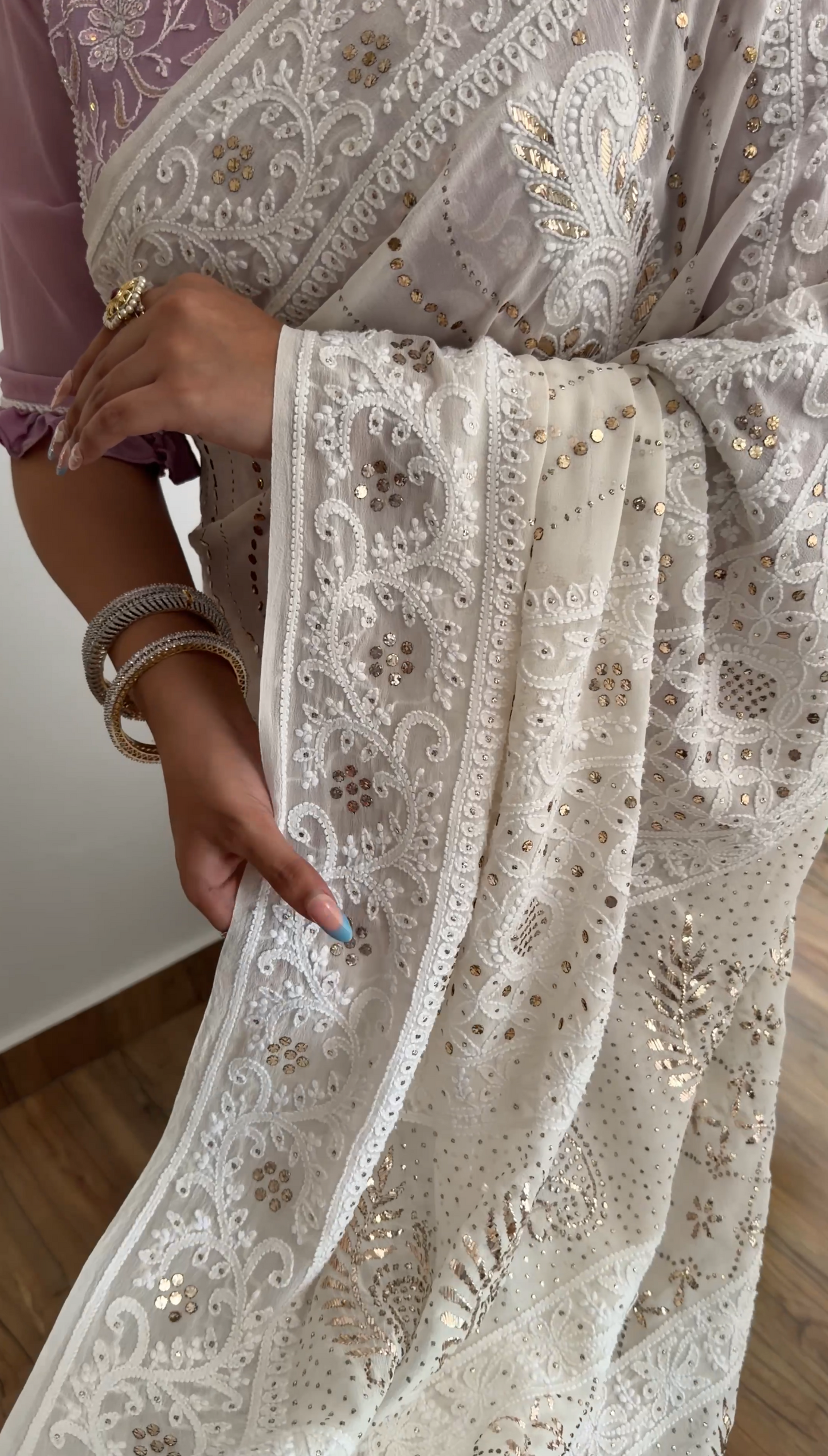 Ivory Hand-Embroidered Chikankari & Handcrafted Mukaish Saree