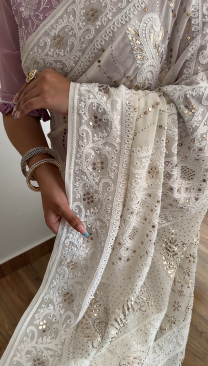 Ivory Hand-Embroidered Chikankari & Handcrafted Mukaish Saree