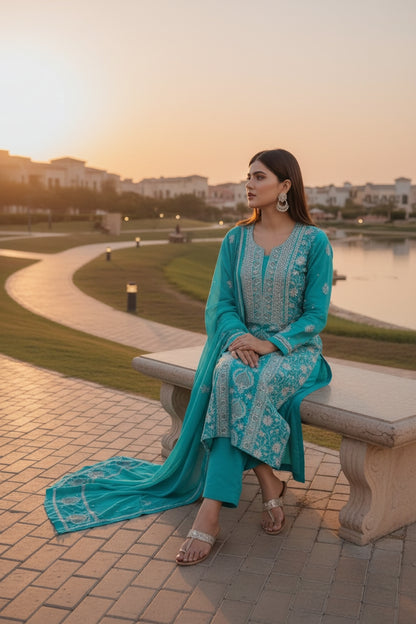 Pure Munga Silk Chikankari with Embellishments | Turquoise Classic