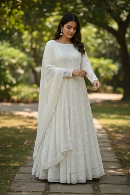 Off White Chikankari and Embellishments Anarkali – Pure Georgette Elegance