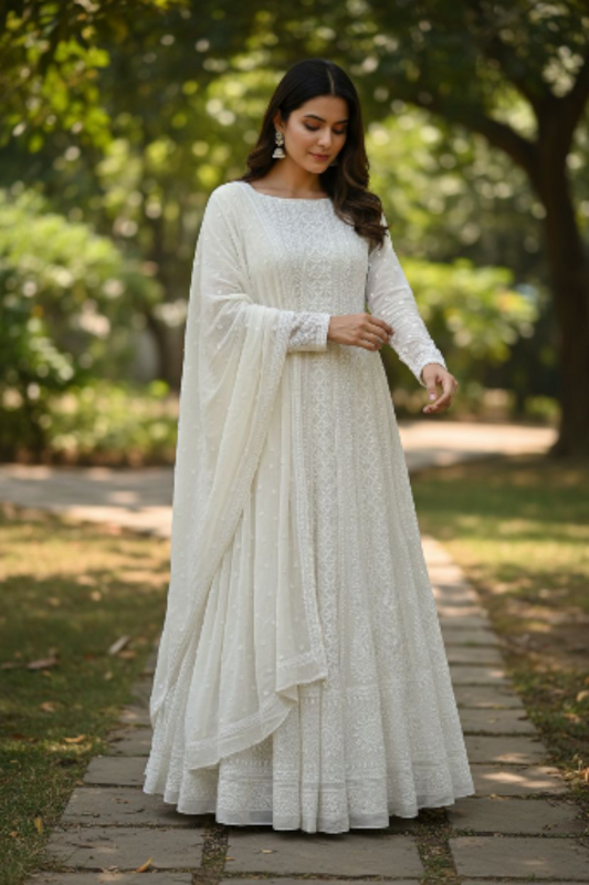 Off White Chikankari and Embellishments Anarkali – Pure Georgette Elegance