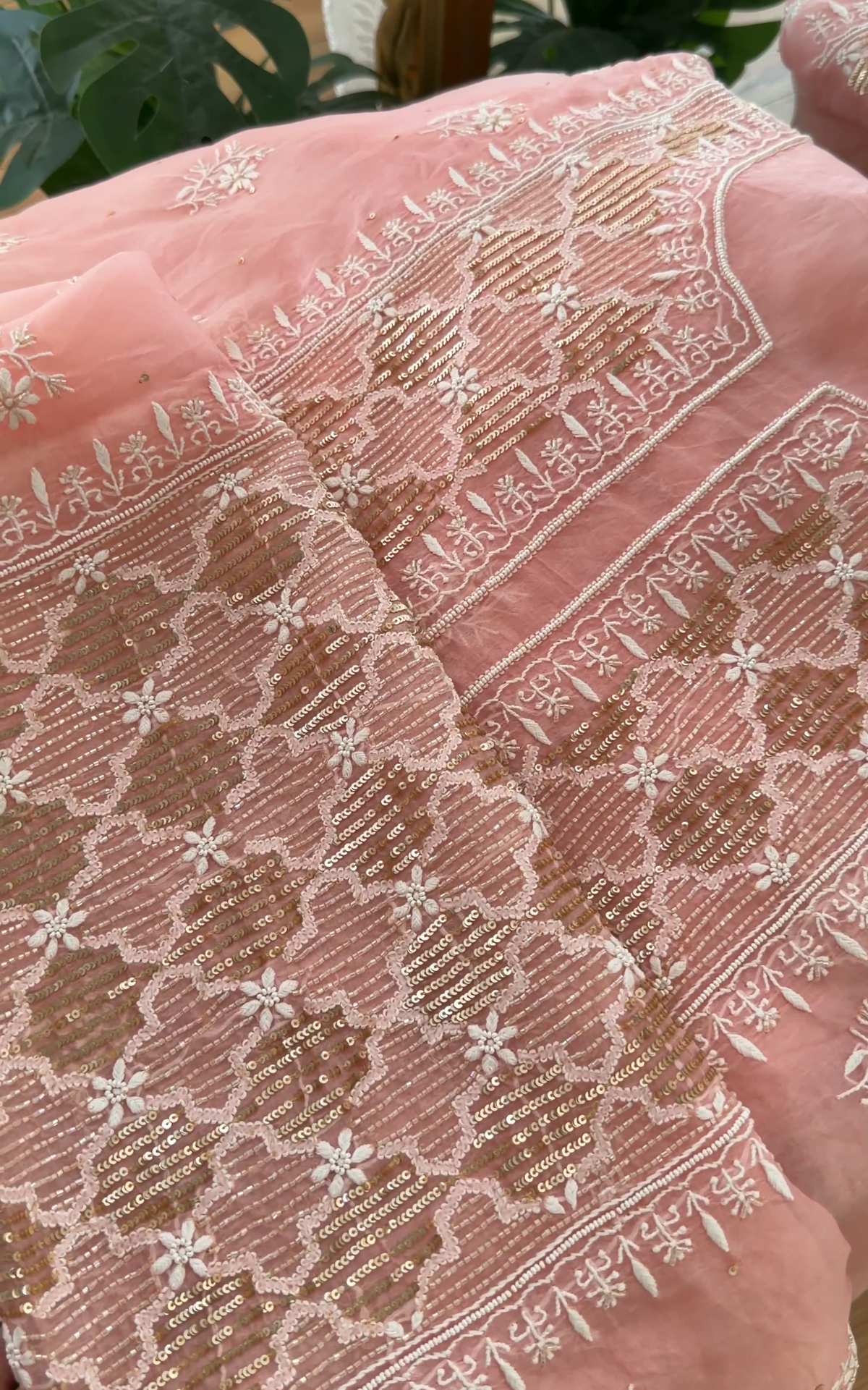Peachy Pink Pure Organza Silk Suit with Hand-embroidered Chikankari & Sequins