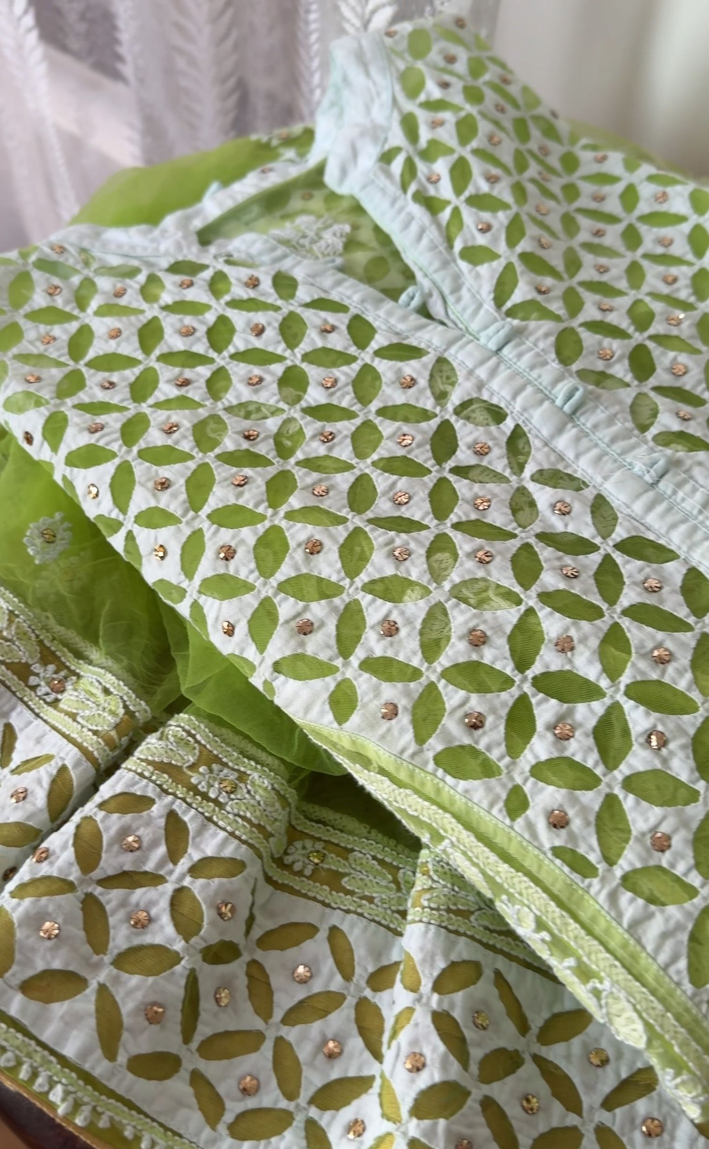 Lime Green Lucknowi Chikankari Suit on Net with Mukaish & Cutwork Applique