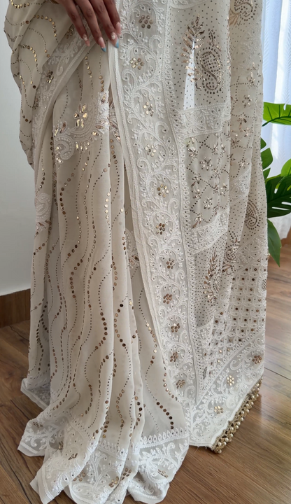 Ivory Hand-Embroidered Chikankari & Handcrafted Mukaish Saree
