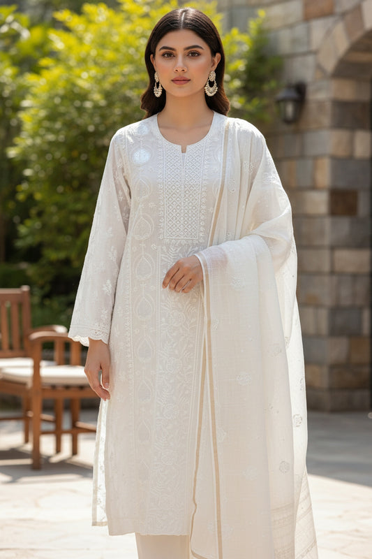 White Mul Chanderi Suit Set with Chikankari and Embellishments