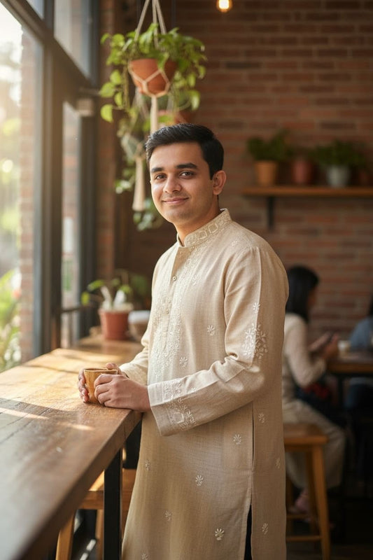 Chikankari Kurta for Men worn by a young man in a café, showcasing elegant hand embroidery and traditional charm.