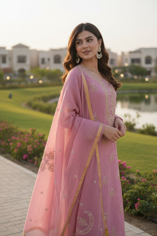 Dusty Rose Tissue Chanderi Silk Suit with Chikankari | Crescent Design