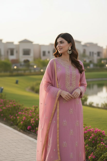 Dusty Rose Tissue Chanderi Silk Suit with Chikankari | Crescent Design