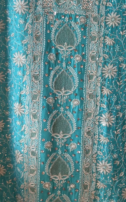 Pure Munga Silk Chikankari with Embellishments | Turquoise Classic