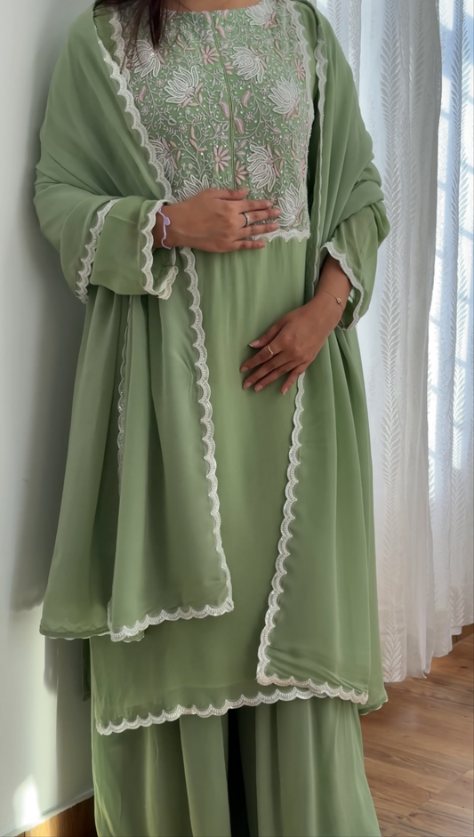 Matcha Green Chikankari & Embellishments Suit Set