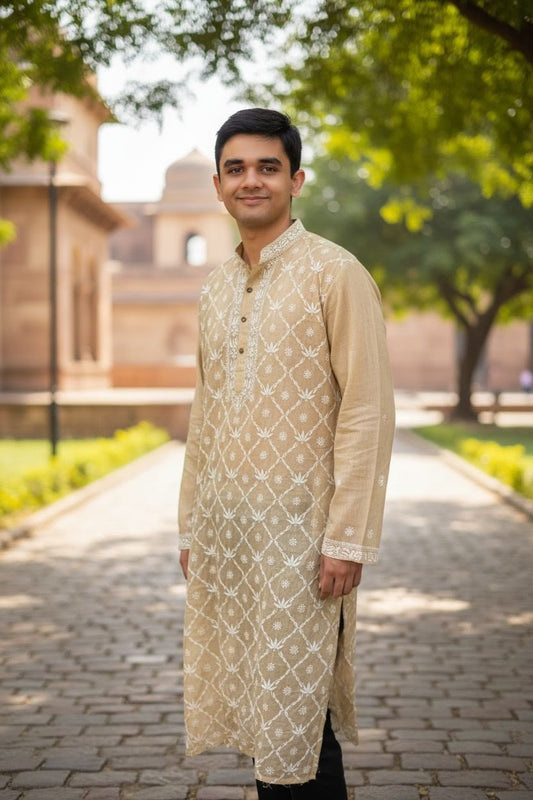 Man wearing Chikankari Kurta for Men- Tissue Silk