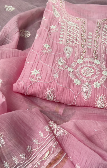 Rose Pink Mul Chanderi Suit with Chikankari & Embellishments
