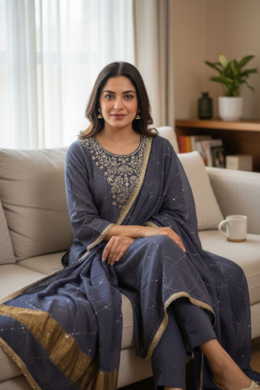 Indigo Blue Pure Tissue Chanderi Mukaish Suit