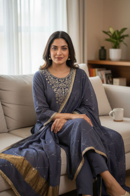 Indigo Blue Pure Tissue Chanderi Mukaish Suit