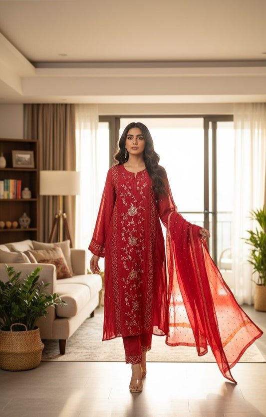 Red Mul Chanderi Suit with Mukaish modeled by a woman in a bright indoor setting, showcasing its elegant design and embroidery.