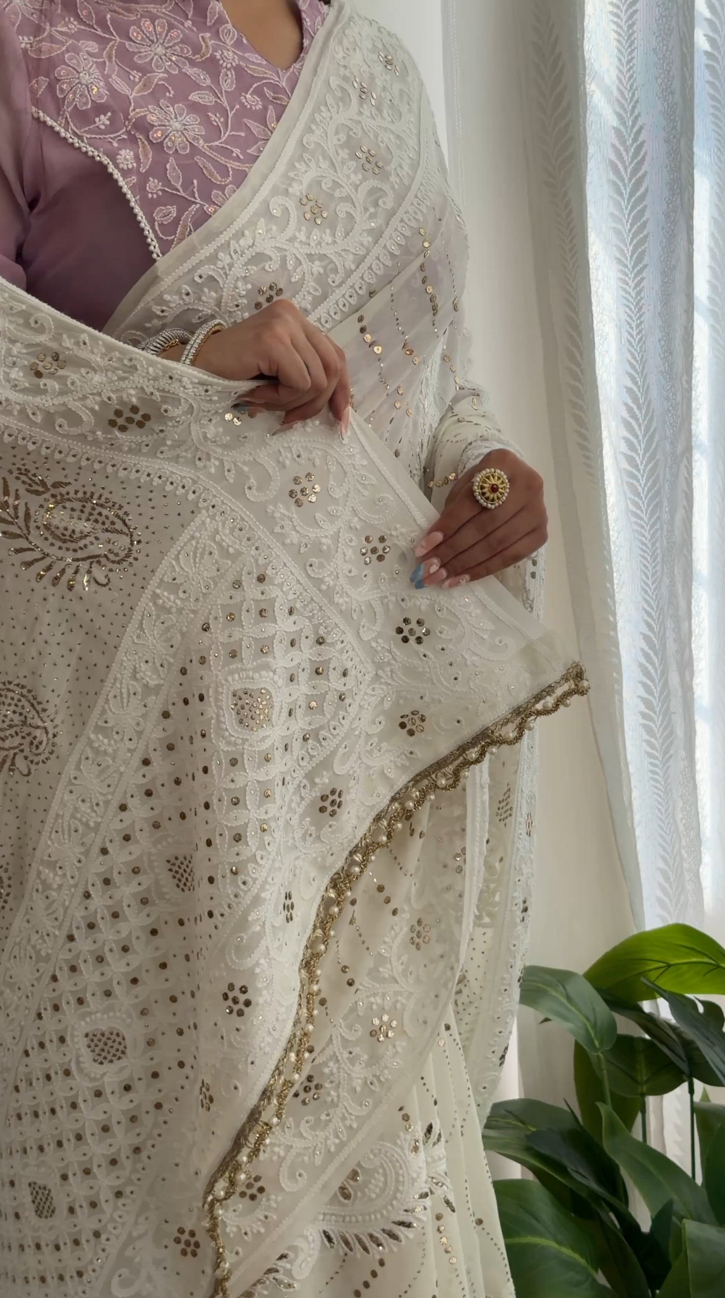 Ivory Hand-Embroidered Chikankari & Handcrafted Mukaish Saree