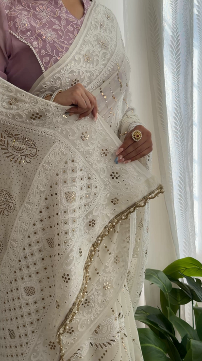 Ivory Hand-Embroidered Chikankari & Handcrafted Mukaish Saree
