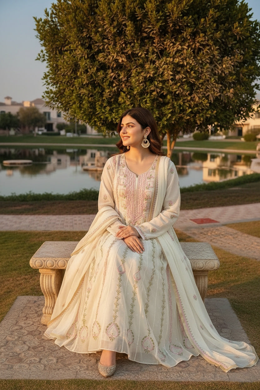 Mul Chanderi Chikankari Anarkali Suit
