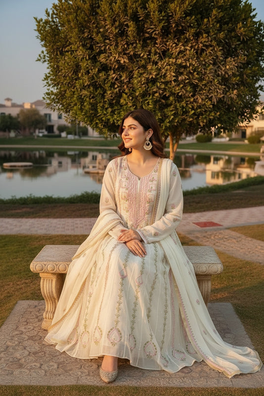 Mul Chanderi Chikankari Anarkali Suit