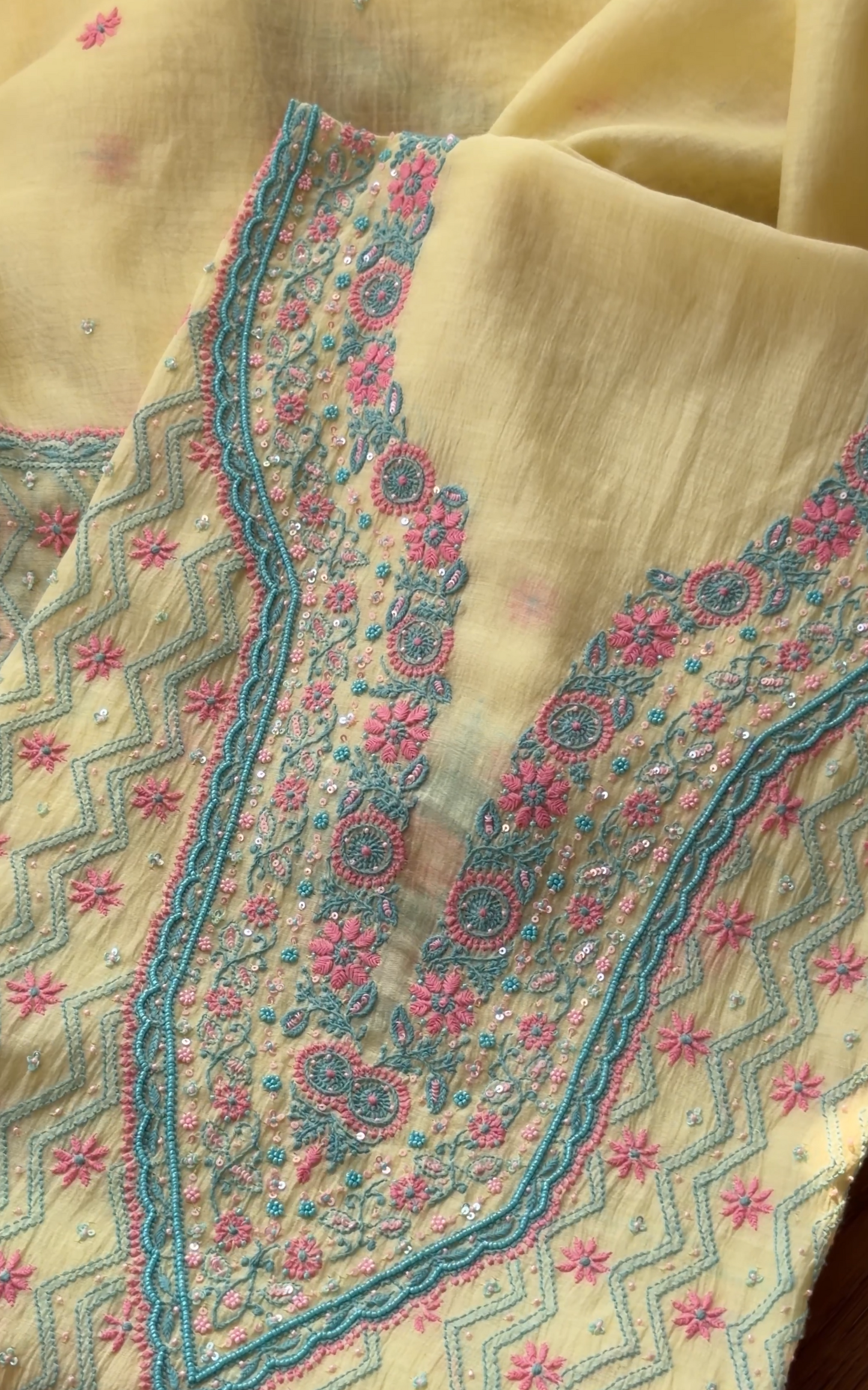 ShaSumz Exclusive: Vibrant Yellow Mul Chanderi Suit with Pastel Chikankari