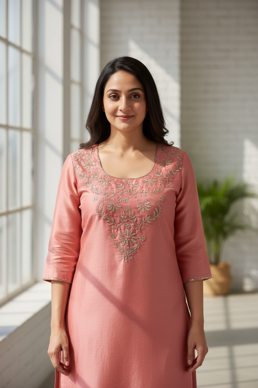 Chanderi Mukaish Kurta - Peach