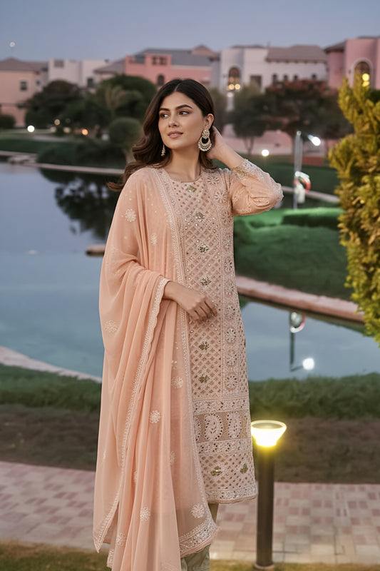 Peach Chikankari & Mukaish Suit